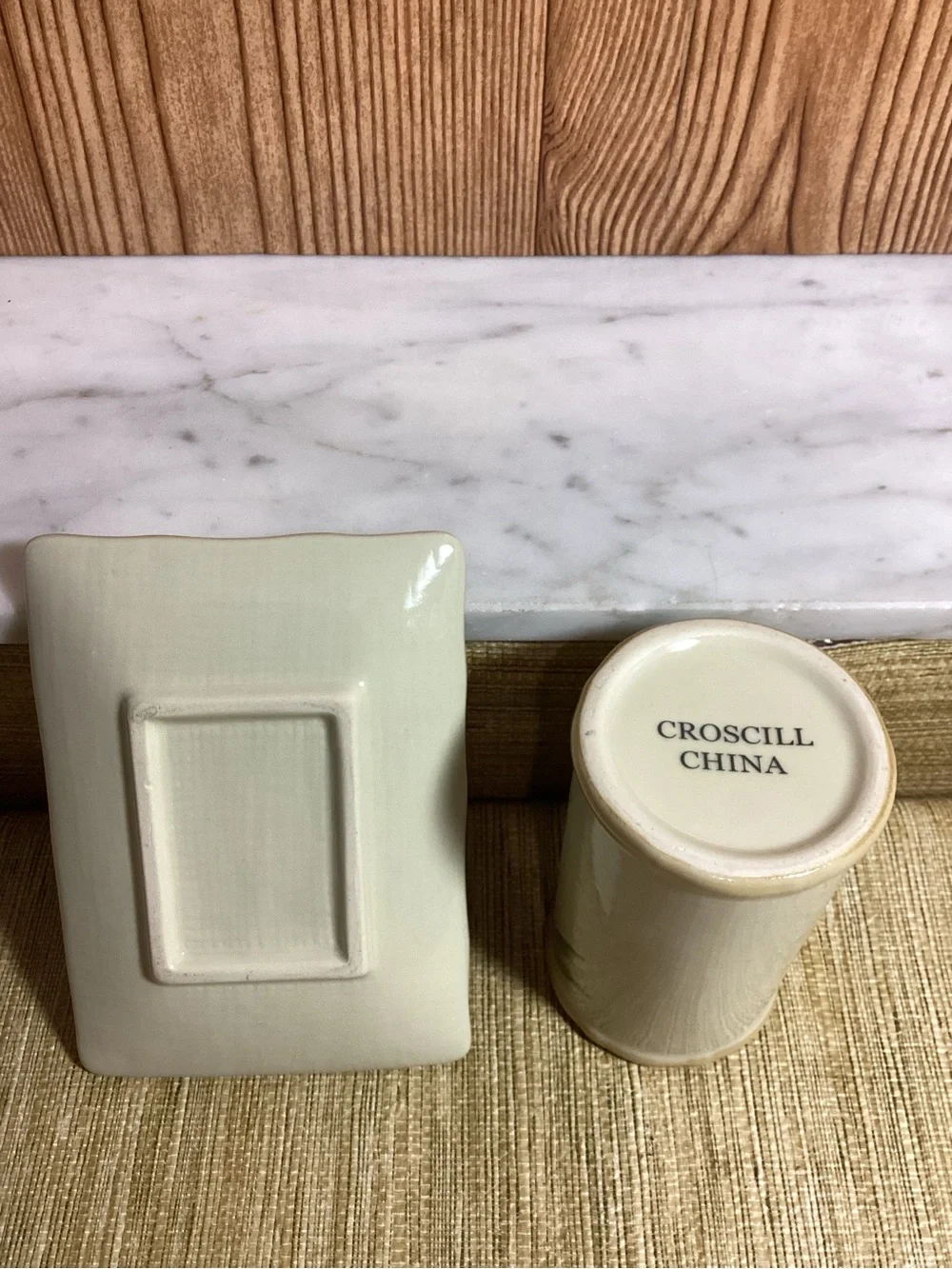 Vintage Croscill Bamboo Motif Ceramic Soap Dish and Cup - Green on Cream